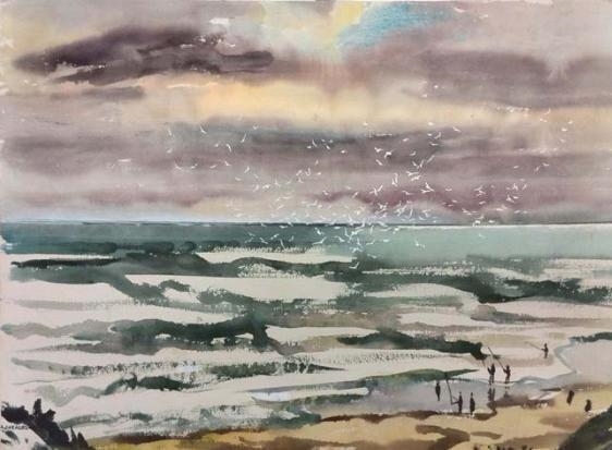 Artwork by Richard Cheales, FISHERMEN ON THE BEACH, Made of watercolour on paper