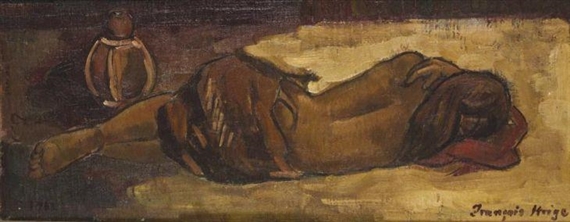 RECLINGING BUSHMAN FIGURE, recto: STUDY FOR BASUTO VILLAGE SCENE by Francois Krige, 1962