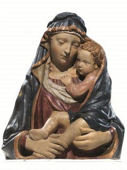 Artwork by Lorenzo Ghiberti, MADONNA COL BAMBINO PROTETTO DAL MANTO, Made of painted and gilded stucco work