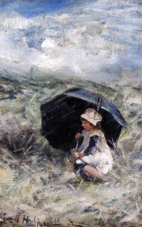 Artwork by Robert Hutchinson, Girl sheltering beneath an umbrella, Made of oil on canvas