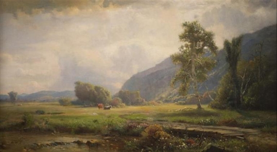 MOUNTAINOUS LANDSCAPE WITH CATTLE IN A MEADOW by Lemuel D. Eldred, 1879