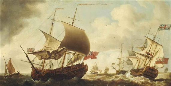 A British warship in three positions in the Channel by Francis Swaine