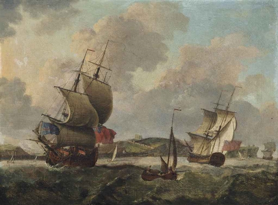 A Royal Navy two-decker and an Admiralty yacht in a stiff breeze in the Channel off Dover by Francis Swaine