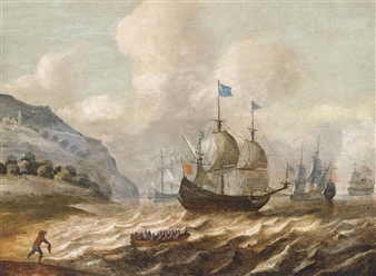 Men-o'war off a rocky headland - Cornelis Verbeeck