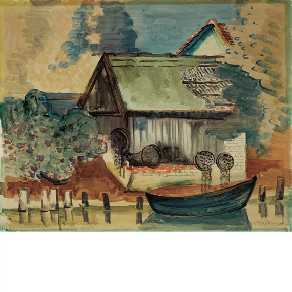 Mill and Rowboat, Possibly in Rowe by Max Pechstein, 1931