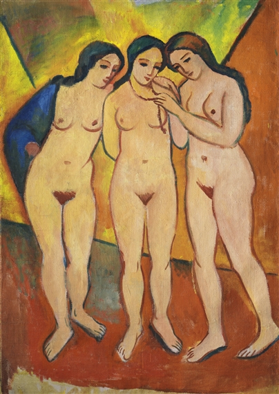 DREI NACKTE MÄDCHEN ROT UND ORANGE (THREE NUDES, ORANGE AND RED) by August Macke, 1912