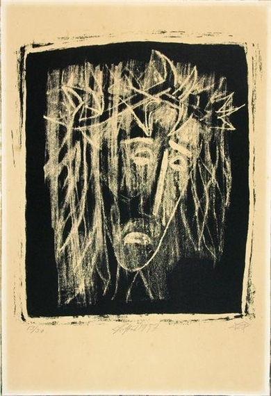 Christus (Kopf, nach rechts blickend, Haare schulterlang; hell auf dunklem Grund) by Otto Dix, 1957