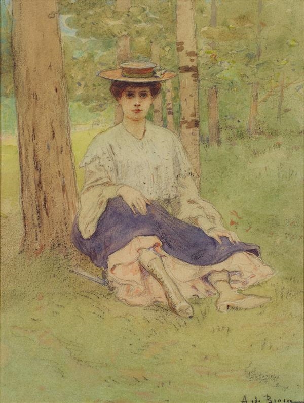 Artwork by Alexis De Broca, Jeune élégante assise sur l’herbe, Made of Pencil and watercolor on paper