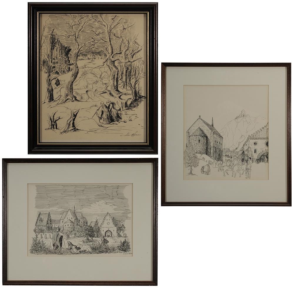 Artwork by Ludwig Kempe, landscapes with architecture, Made of pen and ink drawings