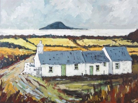 Bryn Caned cottages in the Lleyn with Bardsey Island in the background by Gwyn Owen