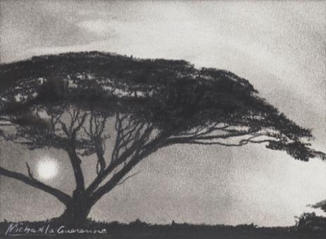 Artwork by Michael La Guerenne, Two works: African Sunrise; African Thorntree, Made of Charcoal on paper