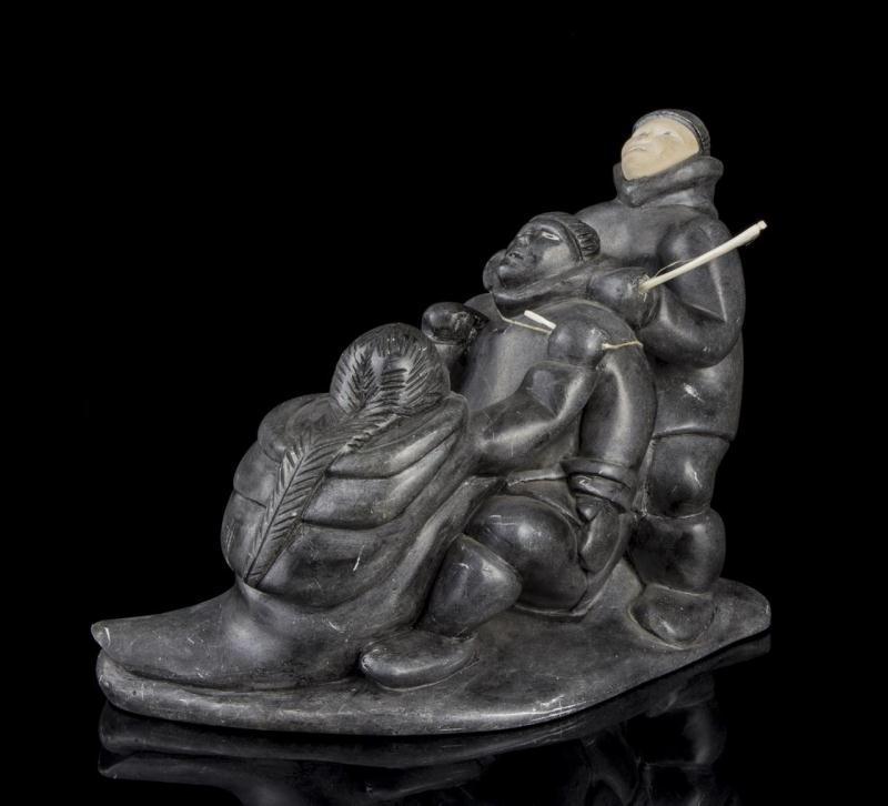Artwork by Mususi Uniurtitak Ainalik, A Grey Soapstone Carving of three Figures Fighting, Made of Grey soapstone