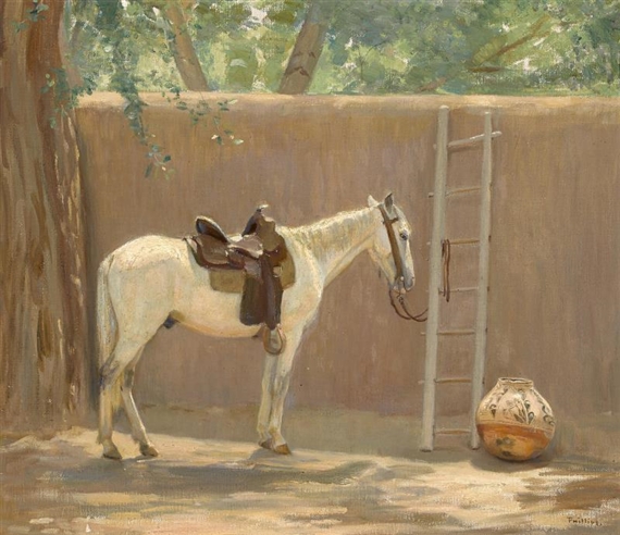 Indian pony in a Taos courtyard by Bert Phillips