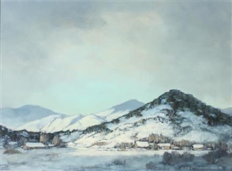 A serene winter landscape painting featuring snow-covered mountains and a small village under an overcast sky.