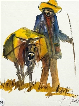A watercolor painting of a figure with an animal in a field.