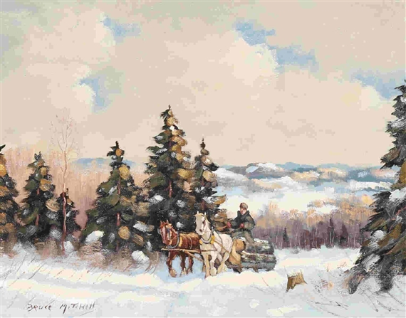 WINTER LOGGING SCENE WITH HORSE TEAM AND SLEIGH, QUEBEC by Bruce Handiside Mitchell