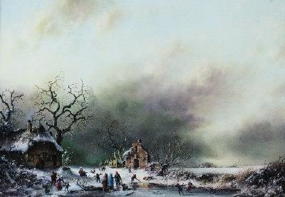 2 works; A Dutch winter landscape with figures on a frozen river, a windmill nearby, A Dutch winter landscape with figures and children on a frozen pond, cottages nearby by Margaret Lisle