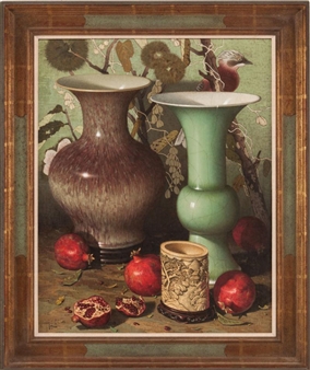 Pomegranates and Japanese Ivory Brush Pot - Frederik E. Grue