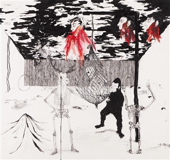 A surreal ink drawing featuring a skeletal figure, a black-clad person, and floating red figures against a textured background.