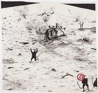 A stark black-and-white landscape featuring a central figure in motion, surrounded by barren trees and birds against a textured sky.