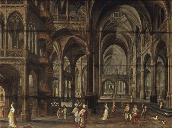 The interior of a Gothic cathedral with costumed figures by Karel van Mander, Paul Vredeman de Vries