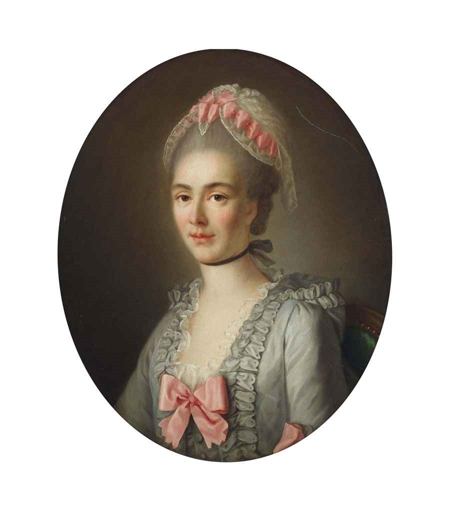 Artwork by François-Hubert Drouais, Portrait of a lady, half-length, wearing a blue dress with pink ribbons and a white lace cap, Made of oil on canvas