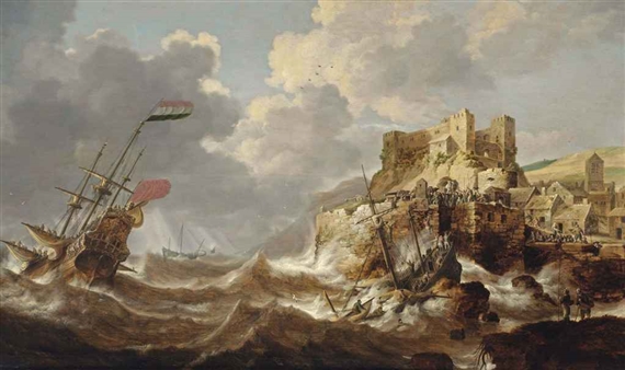 A coastal landscape with a Dutch three-master in distress, a shipwreck in the foreground and a castle on a hill top nearby by Bonaventura Peeters I, 1643