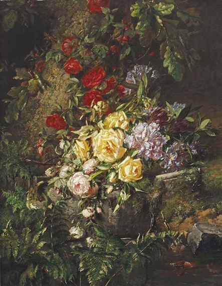 An exuberant flower still life on a forest floor by Adriana Johanna Haanen