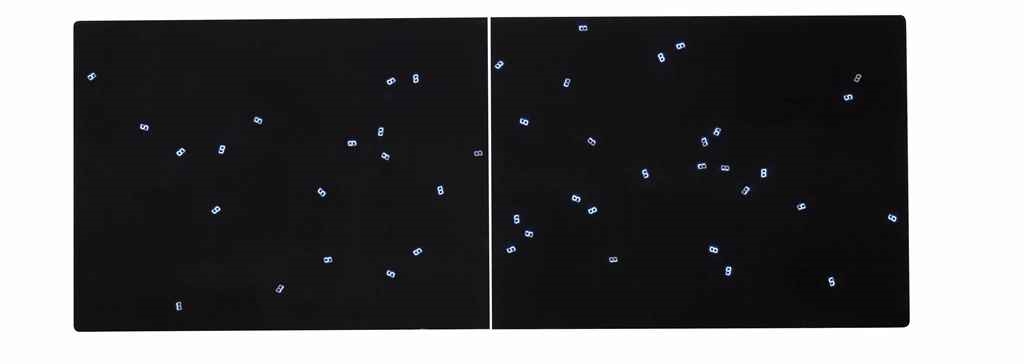Artwork by Tatsuo Miyajima, Time in Blue No. 28, Made of blue LED, IC, electric wire, transformer, two wooden panels