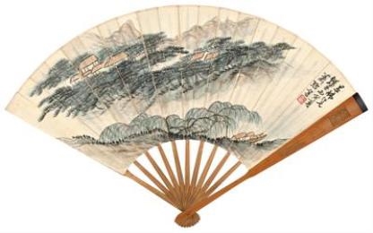 Artwork by Xiao Xun, MOUNTAIN VILLAGE AFTER RAIN, Made of Folding fan, ink and color on paper
