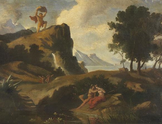 Der eifersüchtige Zyklop Polyphem erschlägt Akis, den Liebhaber der Nereide Galateia mit einem Felsbrocken by Friedrich Preller the Younger, 1877