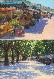 Two works: Saturday Morning Market, Pezanas; Late Afternoon Light, Montpellier Picture