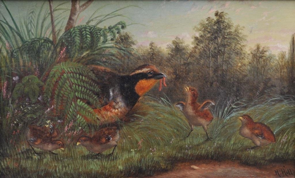 Artwork by H. Hill, Grouse with Chicks, Made of oil on canvas