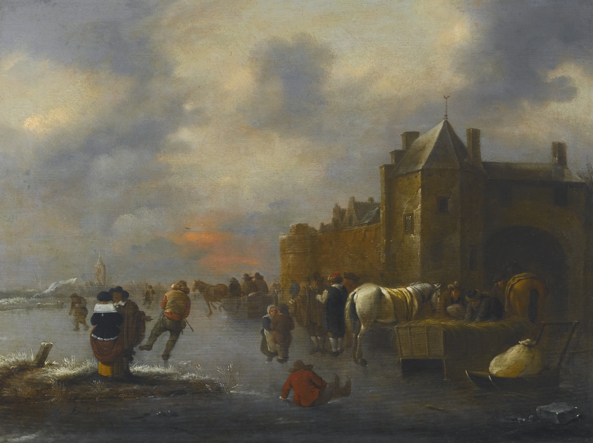 WINTER LANDSCAPE WITH SKATERS ON A RIVER NEAR A WALLED TOWN by Klaes Molenaer