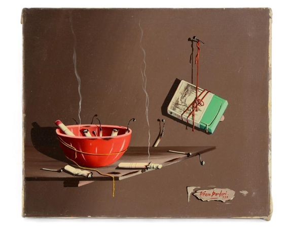 "A surreal still life featuring a red bowl filled with smoking cigarettes and a floating green box tied with string."