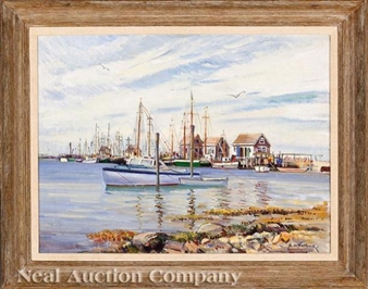 Sailing Vessels Beside a Coastal Pier - A. de Nottbeck