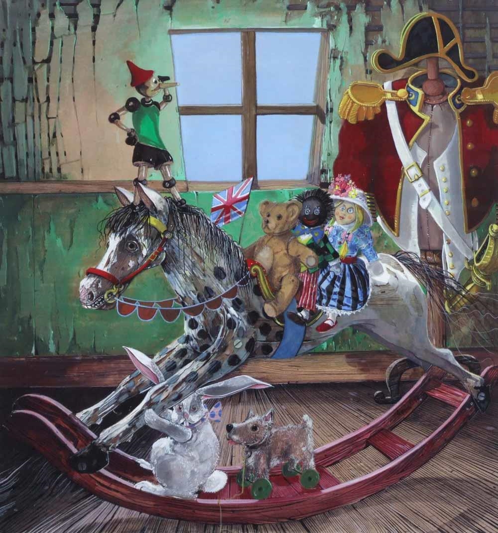 Toys on a rocking horse by Francis Wainwright, 1986