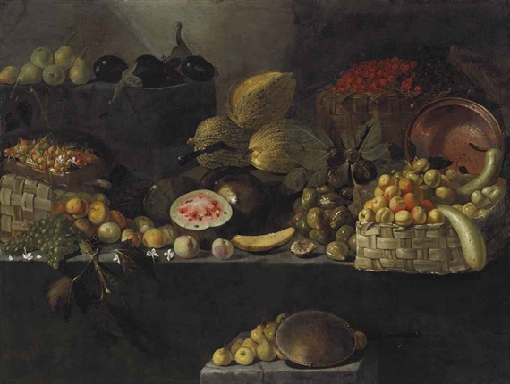 A basket of apples, calabashes, an upturned copper vessel, figs, melons, and other fruit on rocky ledges by Luca Forte