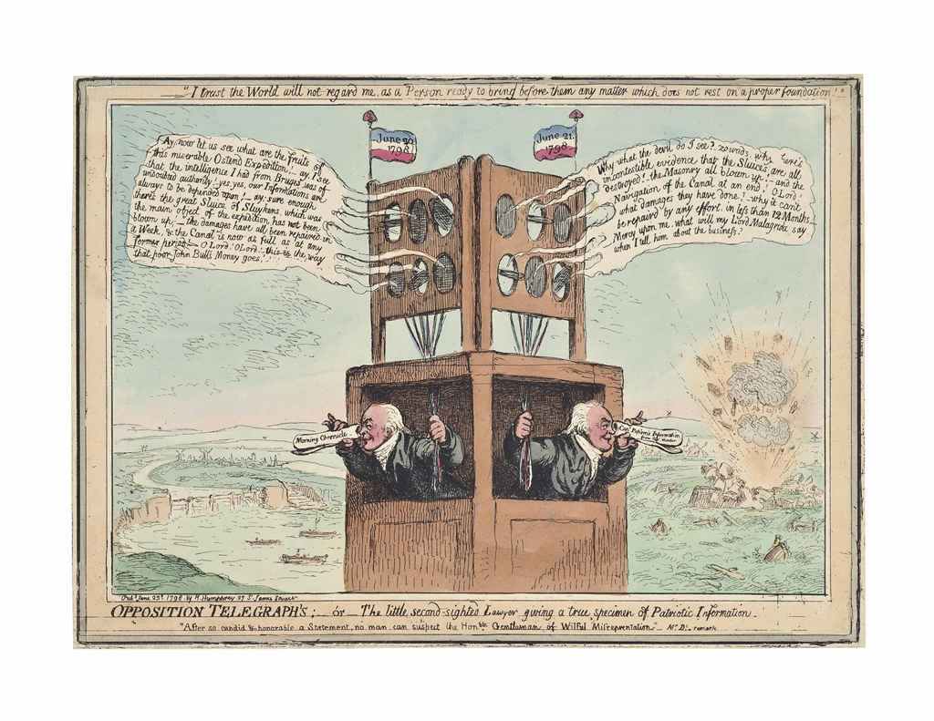 Artwork by James Gillray, Opposition Telegraphs (The little second-sighted lawyer giving a true specimen of patriotic information), Made of etching with hand-colouring