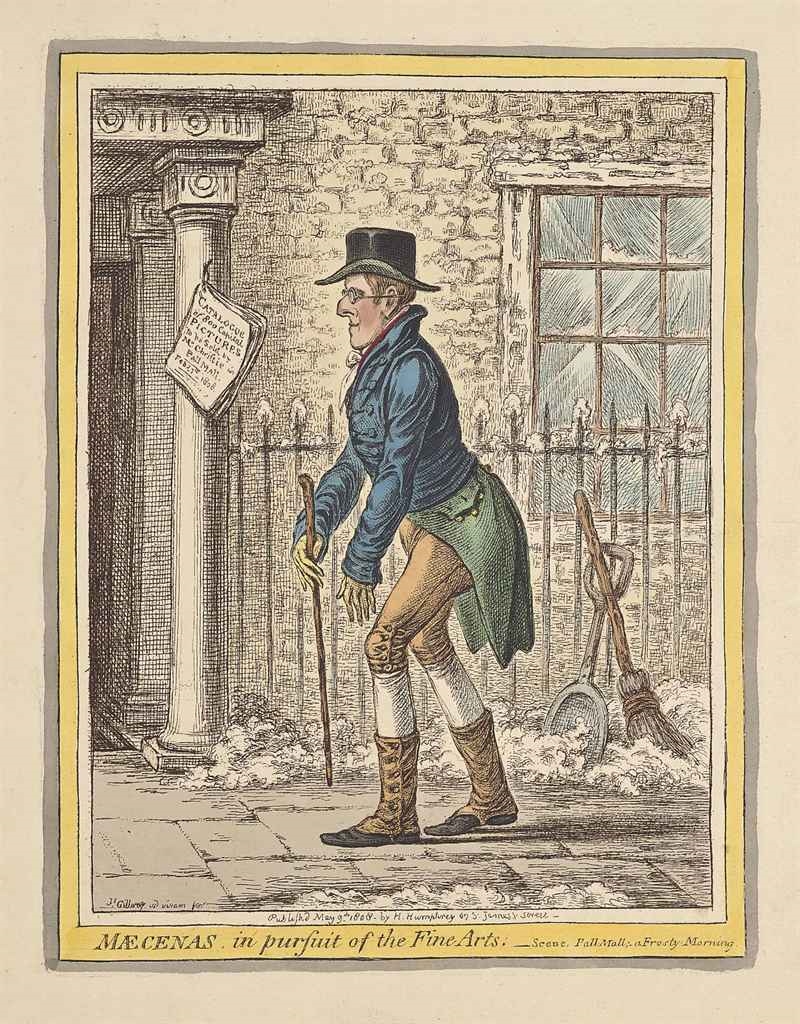 Artwork by James Gillray, Mæcenas, in Pursuit of the Fine Arts (Scene, Pall Mall; a Frosty-Morning), Made of etching