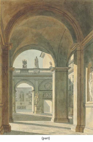 View of the courtyard of Palazzo Mattei, Rome, with statues and antique reliefs; and View of the interior of the Church of San Lorenzo fuori le mura, Rome by Charles Percier