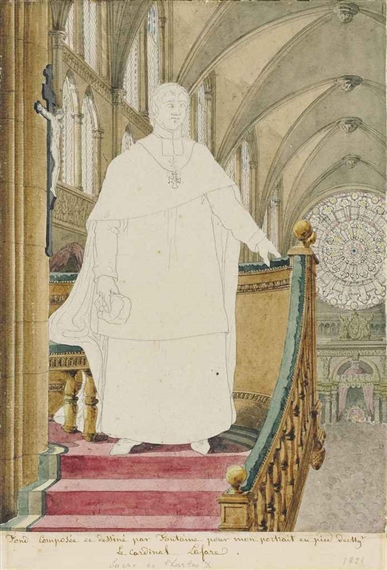 Portrait of Cardinal Anne-Louis-Henri de La Fare (1752-1829) standing on a pulpit in Reims cathedral by Pierre-François-Léonard Fontaine, 1825