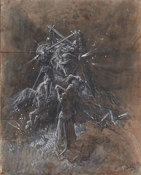 Gustave Doré | Two knights, riding horses, fighting for a