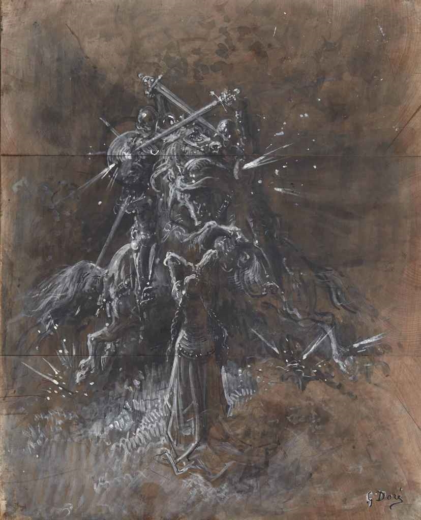 Gustave Doré | Two knights, riding horses, fighting for a woman | MutualArt