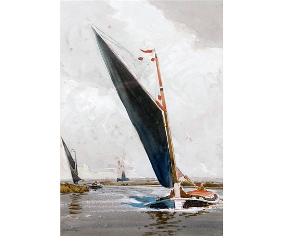 Wherries on The Broads by a Windmill by Charles Mayes Wigg