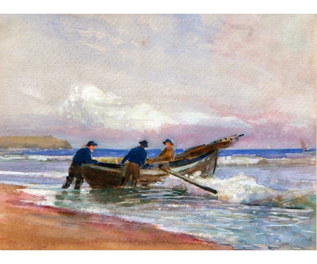 Artwork by Charles Mayes Wigg, Launching the Crab Boat, Made of watercolour