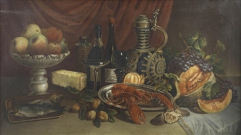 Still life of game and fruit; Still life of lobster and fruit - Johann Borovsky