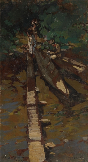 Fishermen Mending a Boat, Garusovo by Konstantin Alexeyevitch Korovin, 1919