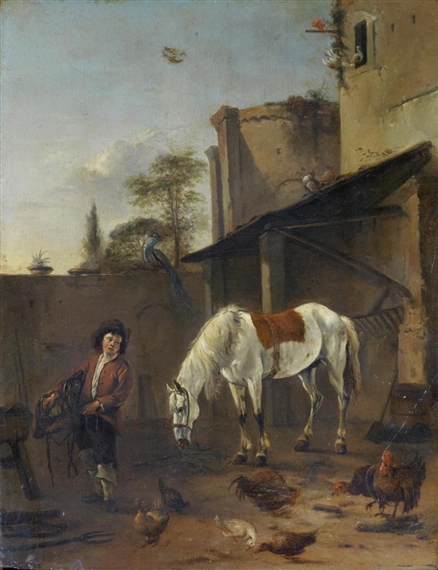A stable boy saddling a grey horse by Cornelis Verbeeck