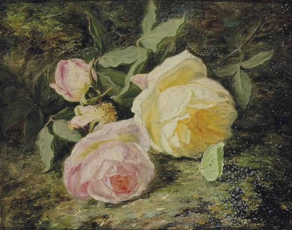 Roses on a mossy bank with a butterfly by Simon Saint-Jean, 1947